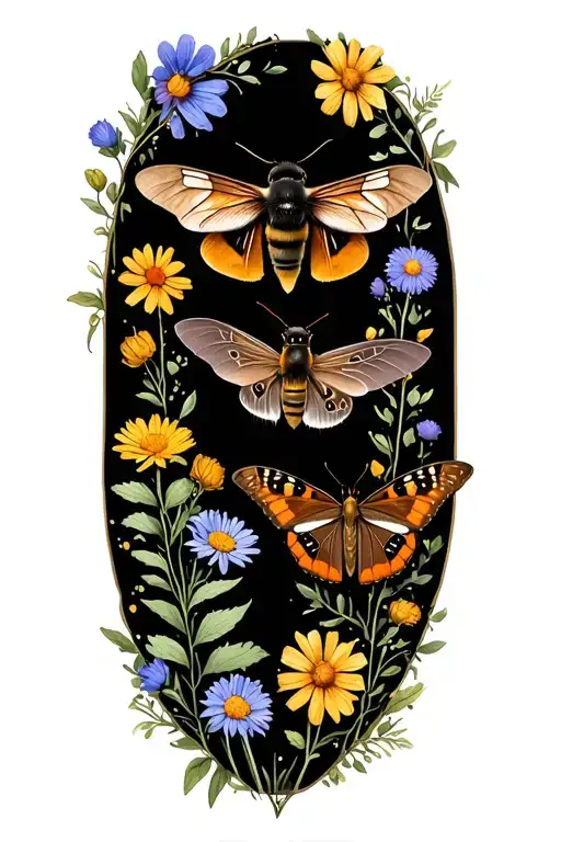 rusty patch bumblebee, hummingbird moth, swallowtail butterfly, brown bat, click beetle, & blue bird over wildflowers  tattoo design idea