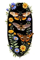 rusty patch bumblebee, hummingbird moth, swallowtail butterfly, brown bat, click beetle, & blue bird over wildflowers  tattoo design idea