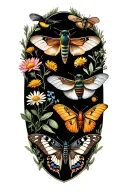 rusty patch bumblebee, hummingbird moth, swallowtail butterfly, brown bat, click beetle, & blue bird over wildflowers  tattoo design idea