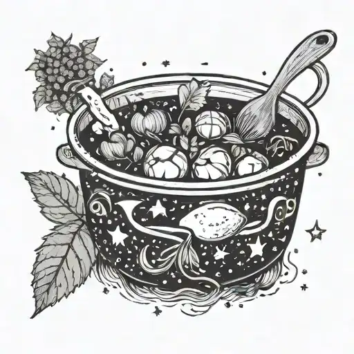 A cooking pot overflowing with magical ingredients under a starry night sky tattoo design idea