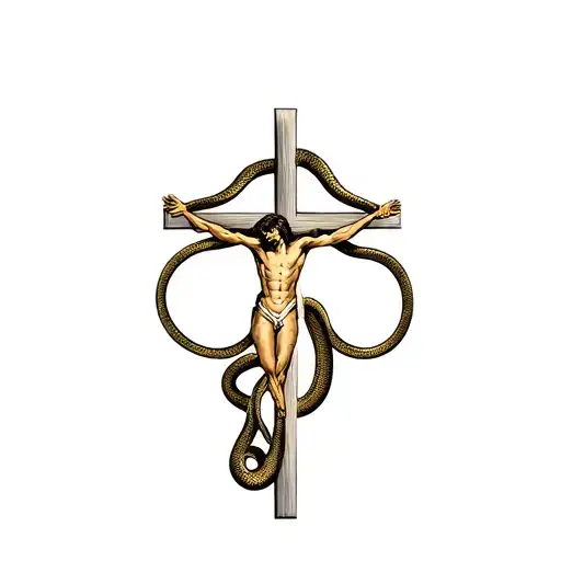 a tricep tattoo of a bronze snake on the cross with one man on a cross on each side and people who look can be saved tattoo design idea