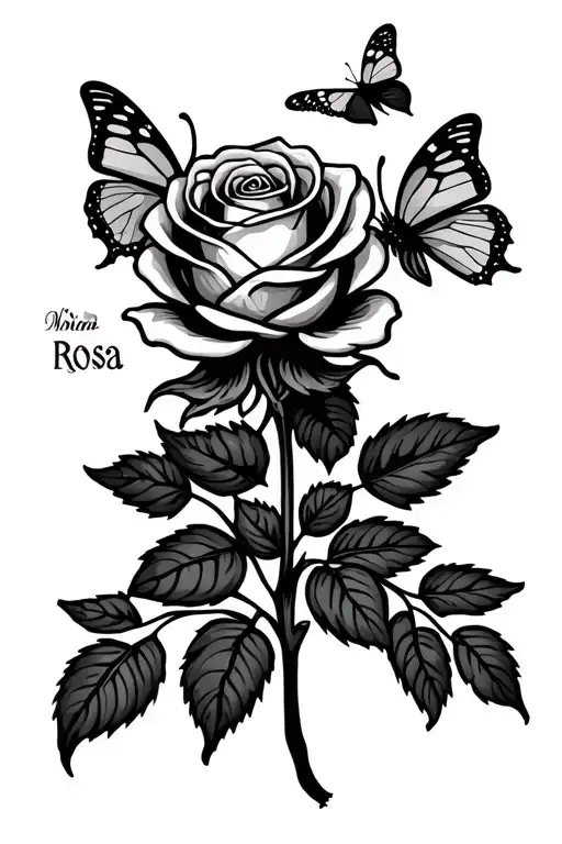 small thin line  rose with stem and leaves with butterflies and the word rosa tattoo design idea
