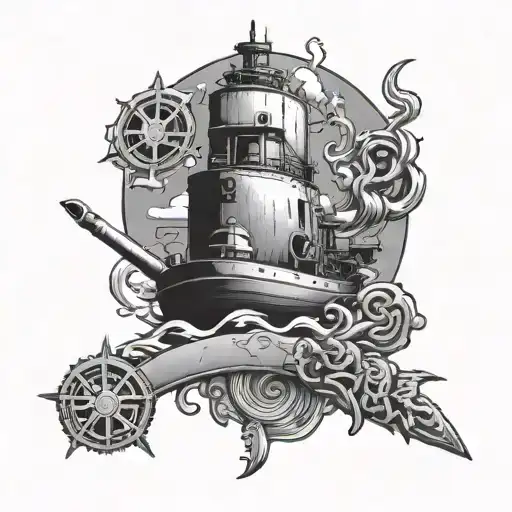 destroy kanji characters with navy submarine warfare insignia tattoo design idea