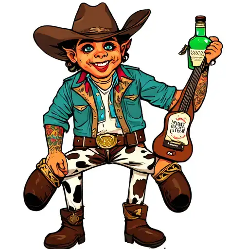 "labubu stuffed doll" dressed as a cowboy with a cowboy hat, cow print chaps, and a bottle of tequila in it's hand tattoo design idea
