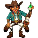 "labubu stuffed doll" dressed as a cowboy with a cowboy hat, cow print chaps, and a bottle of tequila in it's hand tattoo design idea