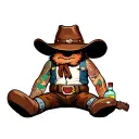 "labubu stuffed doll" dressed as a cowboy with a cowboy hat, cow print chaps, and a bottle of tequila in it's hand tattoo design idea