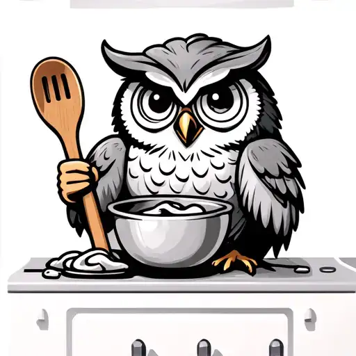 cartoon owl perched on kitchen counter holding a wooden spoon baking with a mixing bowl tattoo design idea