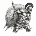 Black and white Spartan warrior bare chest standing up straight ready for battle with shield and spear in each hand tattoo design idea