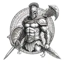 Black and white Spartan warrior bare chest standing up straight ready for battle with shield and spear in each hand tattoo design idea