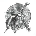 Black and white Spartan warrior bare chest standing up straight ready for battle with shield and spear in each hand tattoo design idea