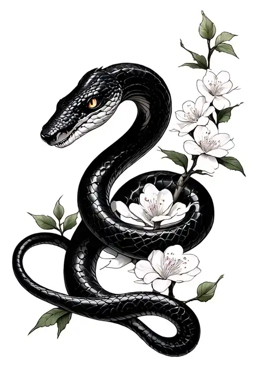 Black Mamba with cherry blossom and sampaguita flower in Japanese style tattoo design idea