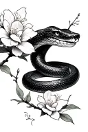 Black Mamba with cherry blossom and sampaguita flower in Japanese style tattoo design idea