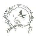 upper curve is sun and sunshine and lower curve is moon. Tree with roots inside. Bird flying out. Feather.   tattoo design idea