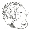 upper curve is sun and sunshine and lower curve is moon. Tree with roots inside. Bird flying out. Feather.   tattoo design idea