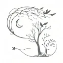 upper curve is sun and sunshine and lower curve is moon. Tree with roots inside. Bird flying out. Feather.   tattoo design idea