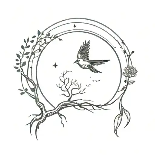 upper curve is sun and sunshine and lower curve is moon. Tree with roots inside. Bird flying out. Feather.   tattoo design idea