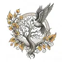 upper curve is sun and sunshine and lower curve is moon. Tree with roots inside. Bird flying out. Feather.   tattoo design idea