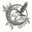 upper curve is sun and sunshine and lower curve is moon. Tree with roots inside. Bird flying out. Feather.   tattoo design idea