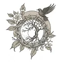 upper curve is sun and sunshine and lower curve is moon. Tree with roots inside. Bird flying out. Feather.   tattoo design idea