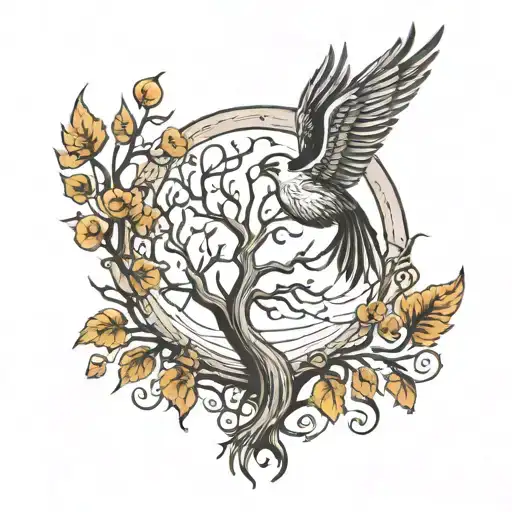 upper curve is sun and sunshine and lower curve is moon. Tree with roots inside. Bird flying out. Feather.   tattoo design idea