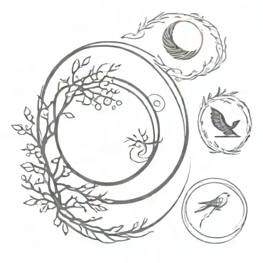 Oval shape half is sun and half is moon. Tree inside. Roots. Bird. Feather tattoo design idea