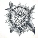 eye shape, upper curve sun and lower is moon. Tree with roots inside. Bird flying out. Feather.   tattoo design idea