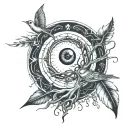 eye shape, upper curve sun and lower is moon. Tree with roots inside. Bird flying out. Feather.   tattoo design idea