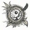 eye shape, upper curve sun and lower is moon. Tree with roots inside. Bird flying out. Feather.   tattoo design idea