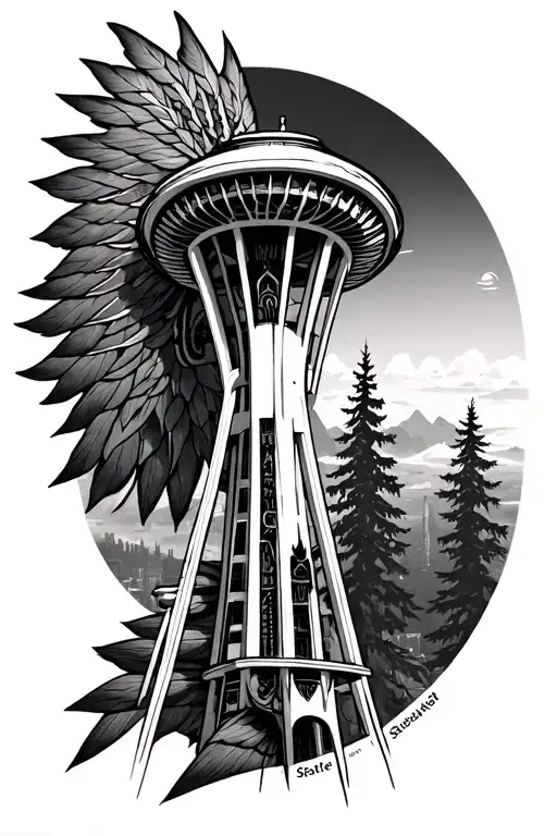 Seattle space needle with Alaskan native totem poll together tattoo design idea