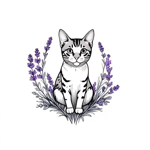 a fine line tattoo of a tabby cat sitting with lavender surrounding the cat tattoo design idea