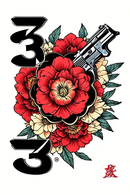 "333" love, family, agressive, destiny, luck, guns tattoo design idea
