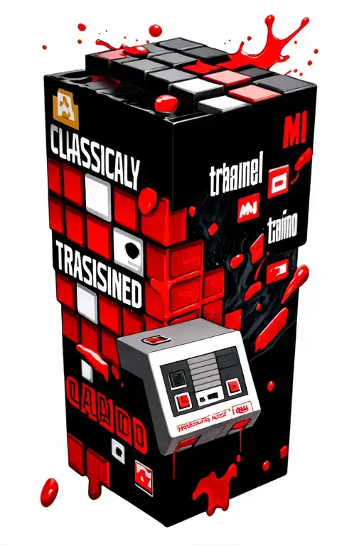 3d falling tetris pieces with mario symbols and nes controller. words "classically trained" tattoo design idea