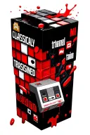 3d falling tetris pieces with mario symbols and nes controller. words "classically trained" tattoo design idea