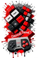 3d falling tetris pieces with mario symbols and nes controller. words "classically trained" tattoo design idea