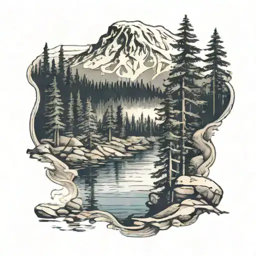 post card stamp of mount rainier lake trees pacific tattoo design idea