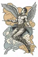 male angle flying up to clouds through lighting and rain and thunder tattoo design idea