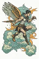 male angle flying up to clouds through lighting and rain and thunder tattoo design idea