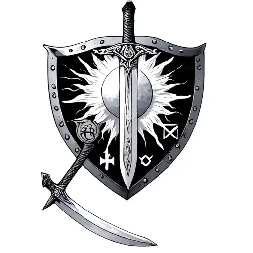 Sword on a shield, with the shild having a stormbolt, a sun, and symbols for ferality and knowledge tattoo design idea