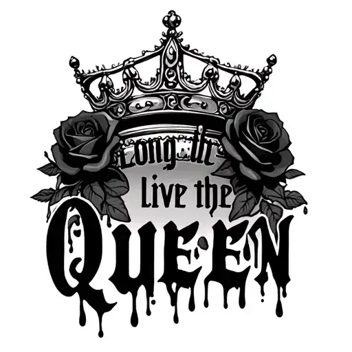 "Long live the queen" "Long live the queen" Black melting queen crown  with black roses around the crown and dark shadows tattoo design idea