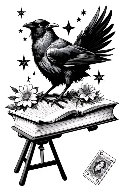 Sleeve tattoo of black and white crow on book with stars and easel and tarot cards and flowers tattoo design idea