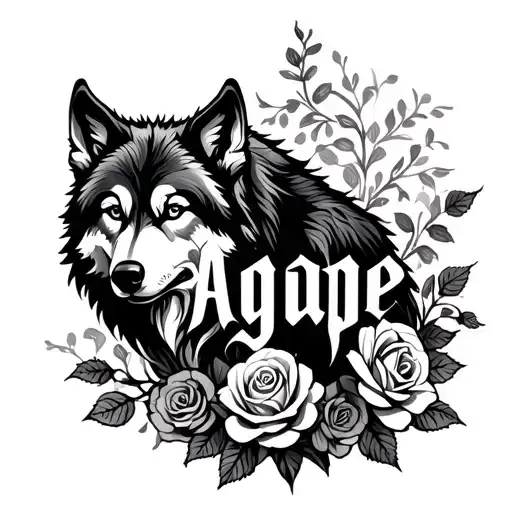 Script "Agape" with a wolf and roses growing tattoo design idea