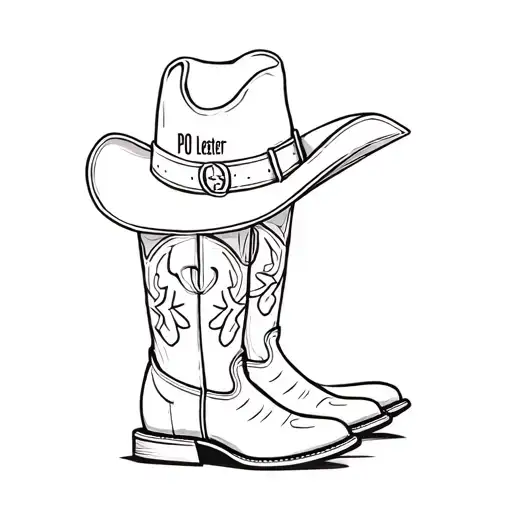 cowboy boots with a cowboy hat on top of them with the lettter RIp over top of the cowboy hat and PO Lester underneath  tattoo design idea