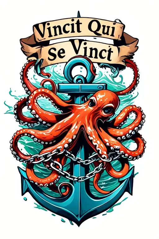 "Vincit Qui Se Vincit" "Vincit Qui Se Vincit" octopus wrapped around anchor with broken chain in water tattoo design idea