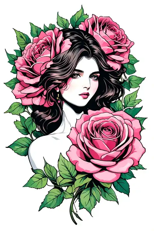 lady blooming out of pink rose tattoo tattoo design idea