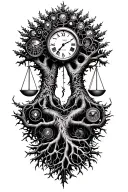 midevil tree of life with roots and branches stretching to shoulders, libra scale, v-twin engine parts and clock intertw tattoo design idea
