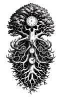 midevil tree of life with roots and branches stretching to shoulders, libra scale, v-twin engine parts and clock intertw tattoo design idea