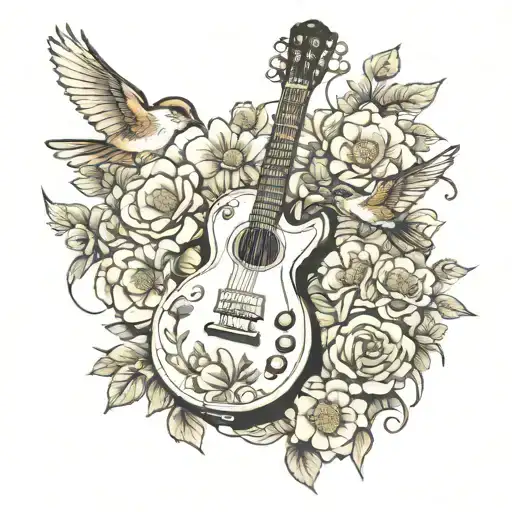 Les Paul guitar surrounded by hummingbirds and dandelions  tattoo design idea