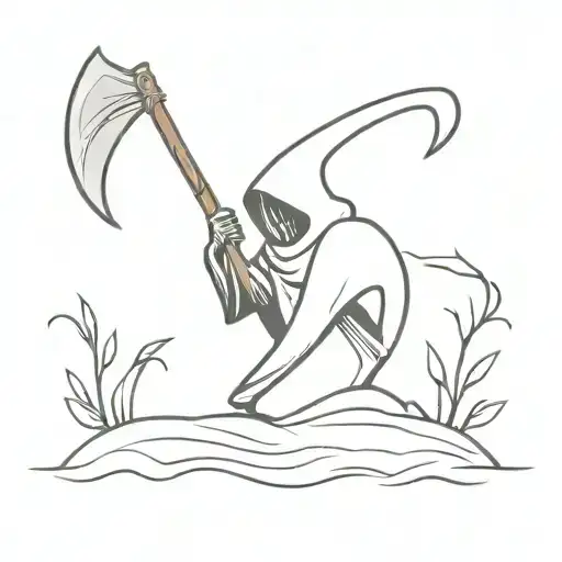 simple grim reaper in winter with scythe and text saying lurker of chalice under tattoo design idea