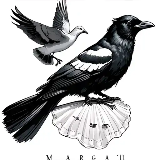 A crow and a dove that flies away with a shellfish dress and the Margaux first name tattoo design idea