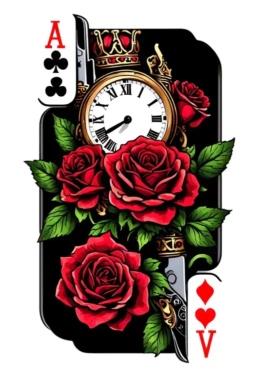 roses with clock switchblade and king of hearts playing card tattoo design idea